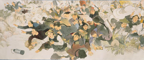 Китайские рабочие пытаются убежать от толпы, вооруженной лопатами и кирками