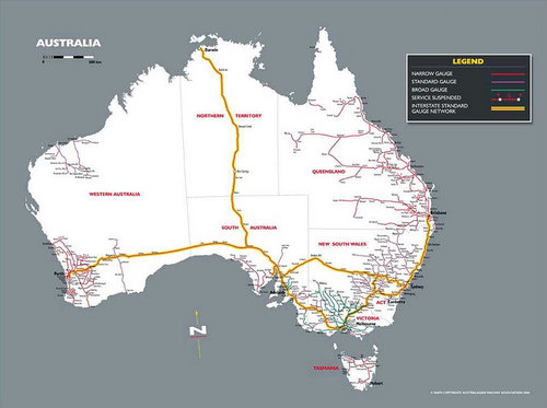 Карта железнодорожных линий Австралии